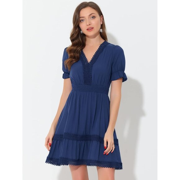 Women's Boho Crochet Trim V Neck Ruffled Tiered Smocked Summer Dress - Picture 2 of 5